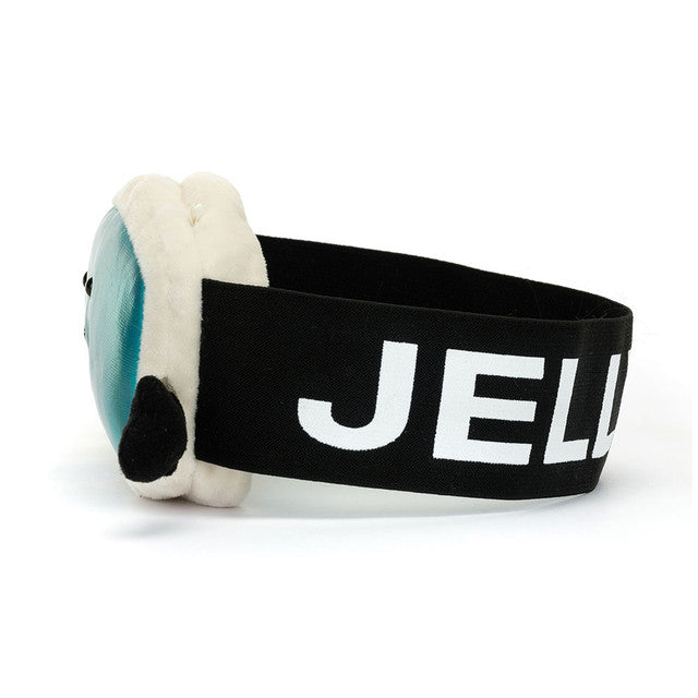 Side View: Side profile of the Jellycat Amuseables Ski Goggles. Highlights the compact size (suitable from 3 years+), the secure fit with the stretchy headband, and the dazzling holographic lenses for pretend winter sports adventures.