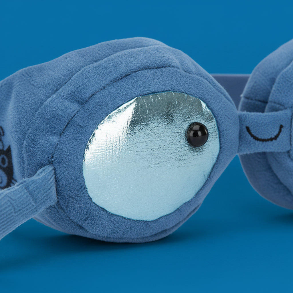 Blue plush goggles with reflective lenses on a white background