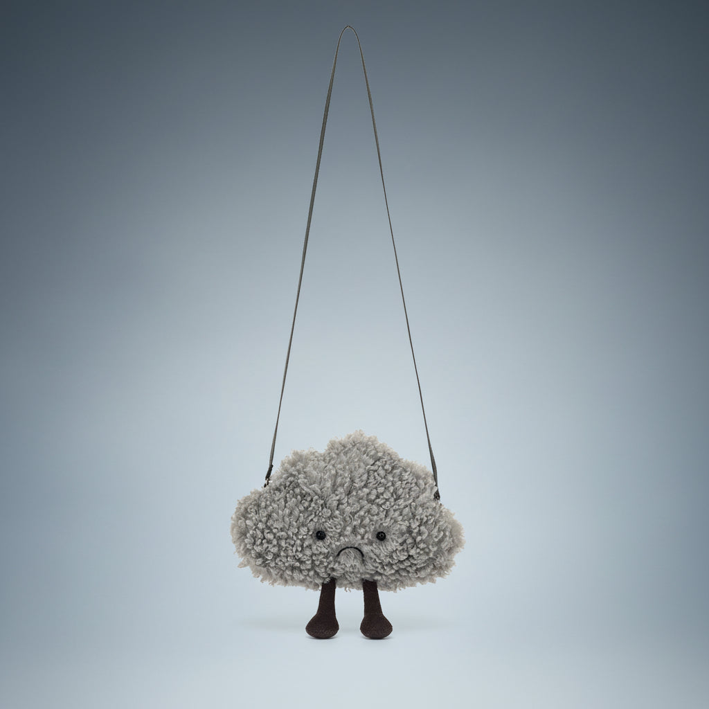 Jellycat Amuseables Storm Cloud Bag displayed with its adjustable 118cm strap for crossbody wear.