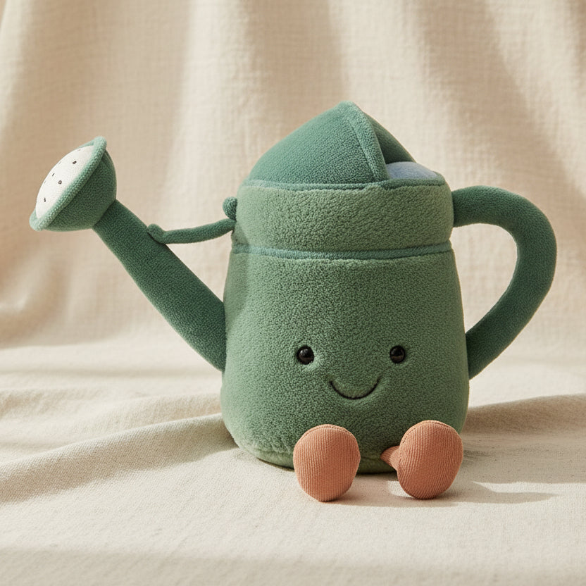 Jellycat Amuseables Watering Can plush toy on beige fabric backdrop