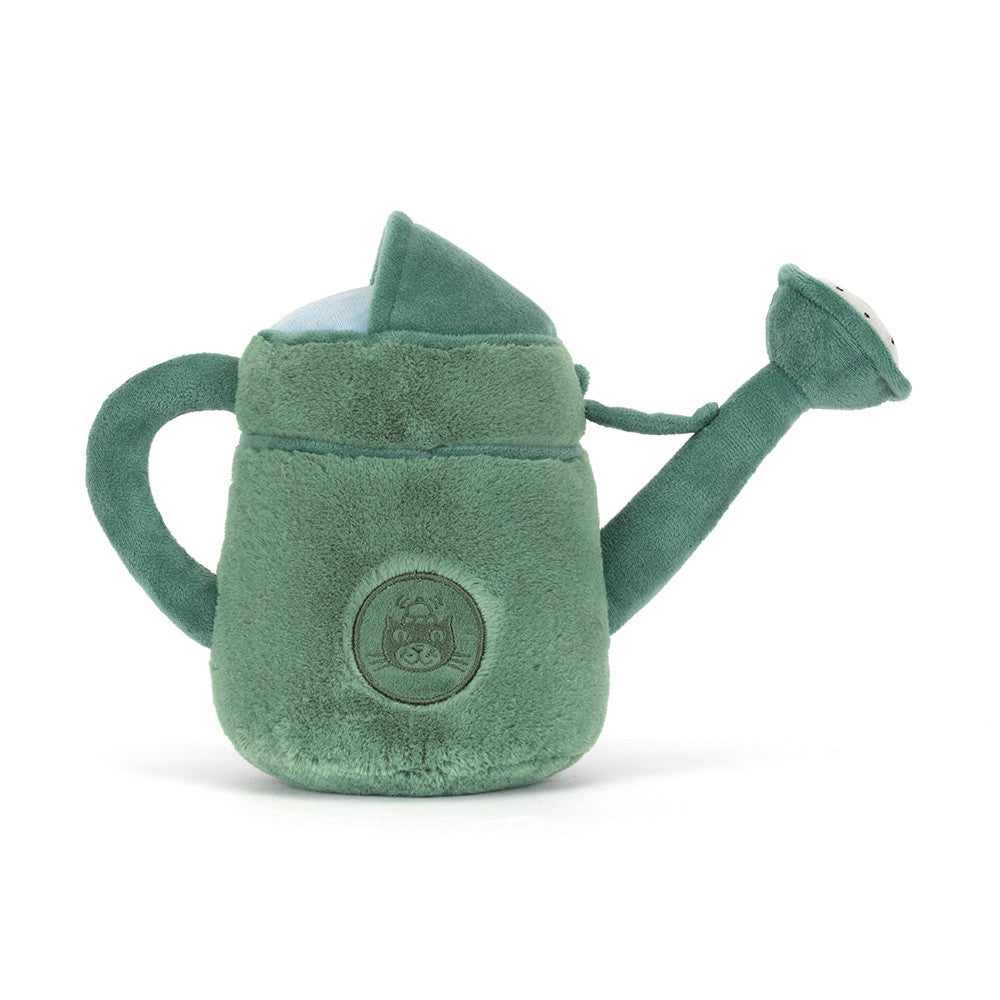 Jellycat watering can back view with embroidered logo on white background