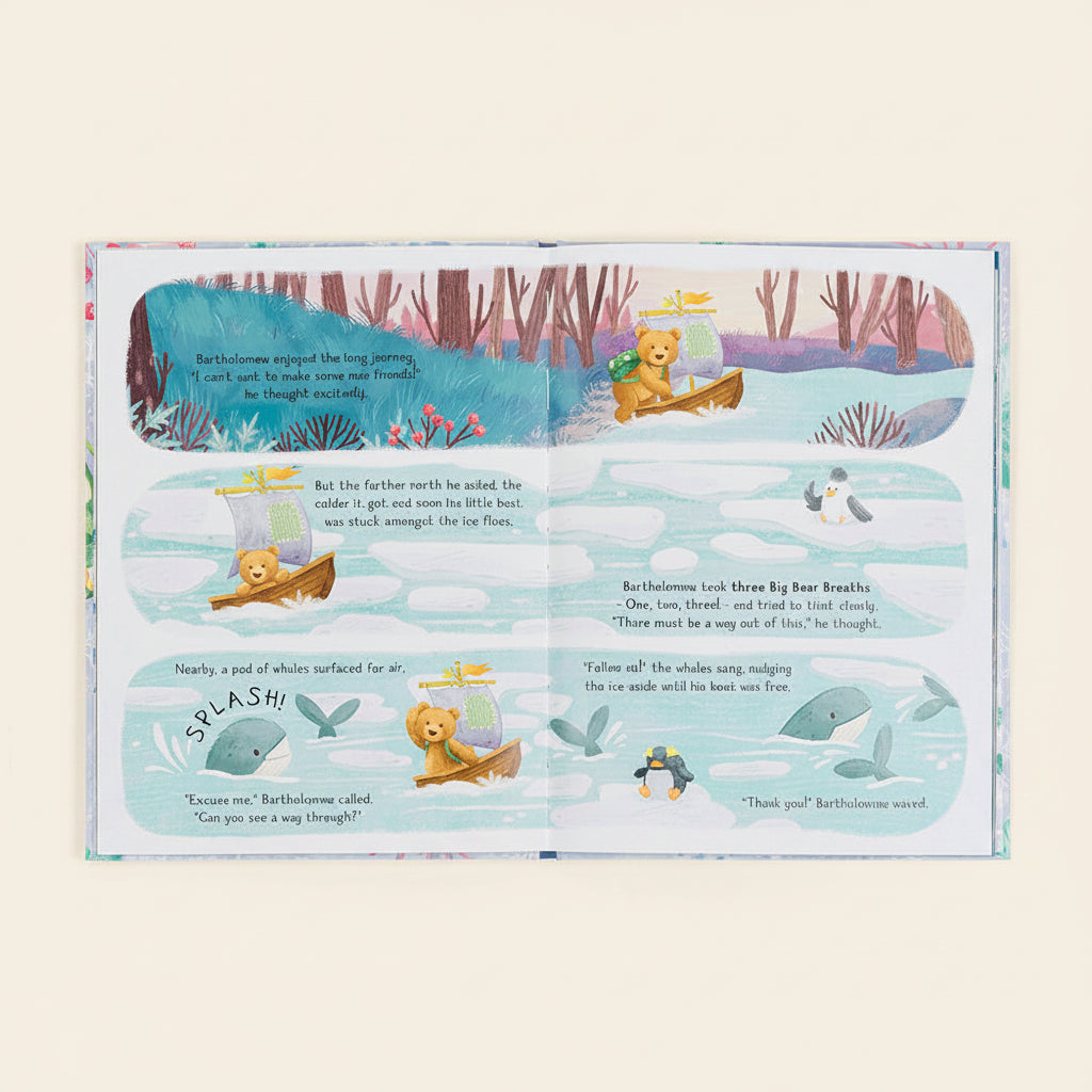 Open book pages showing Bartholomew Bear rowing through icy waters with whales nearby.