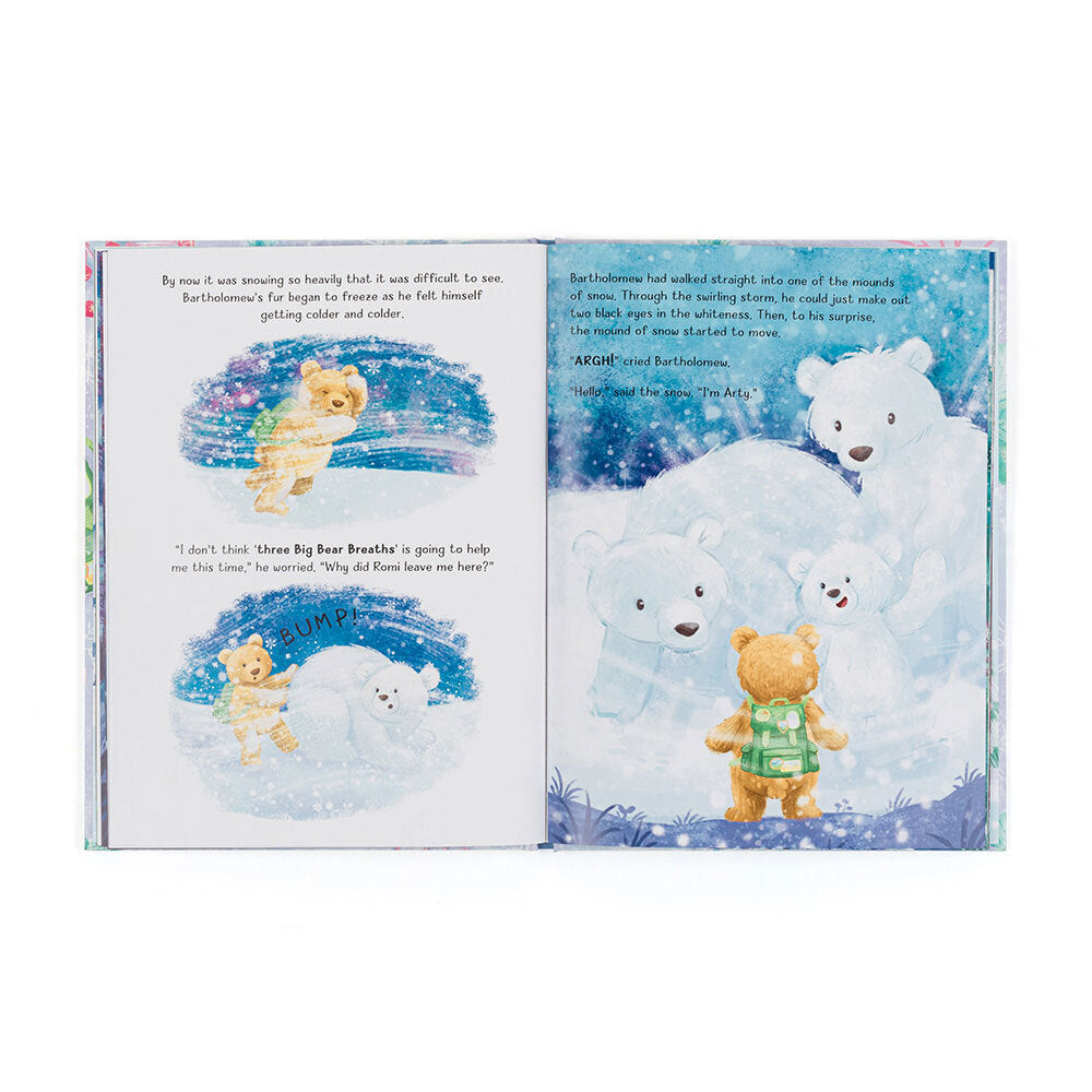 Storybook spread featuring Bartholomew meeting friendly white snow giants in a snowy forest.