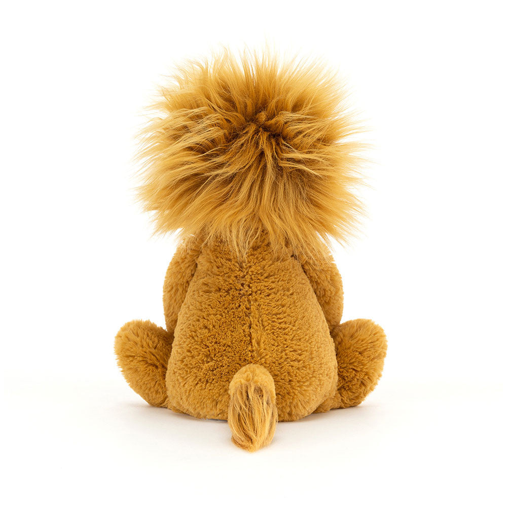 Back view of Jellycat Bashful Lion highlighting his fluffy mane and short tufted tail.