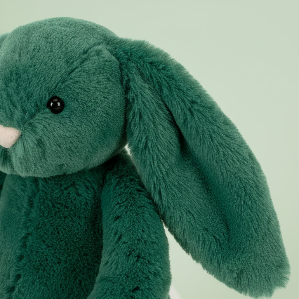 Green plush bunny toy on a white background