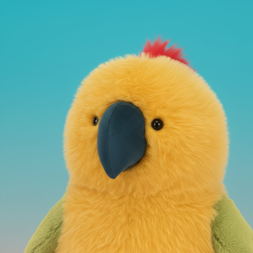 Plush parrot toy with yellow body, green wings, and red crest on a white background