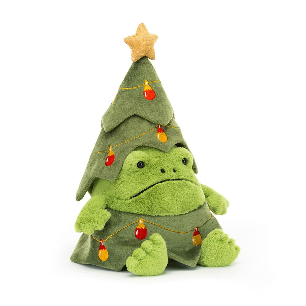 Jellycat Christmas Tree Ricky Rain Frog plush toy dressed as a Christmas tree with embroidered fairy lights and a gold star topper, sitting upright.