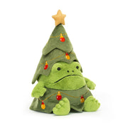 Jellycat Christmas Tree Ricky Rain Frog plush toy dressed as a Christmas tree with embroidered fairy lights and a gold star topper, sitting upright.