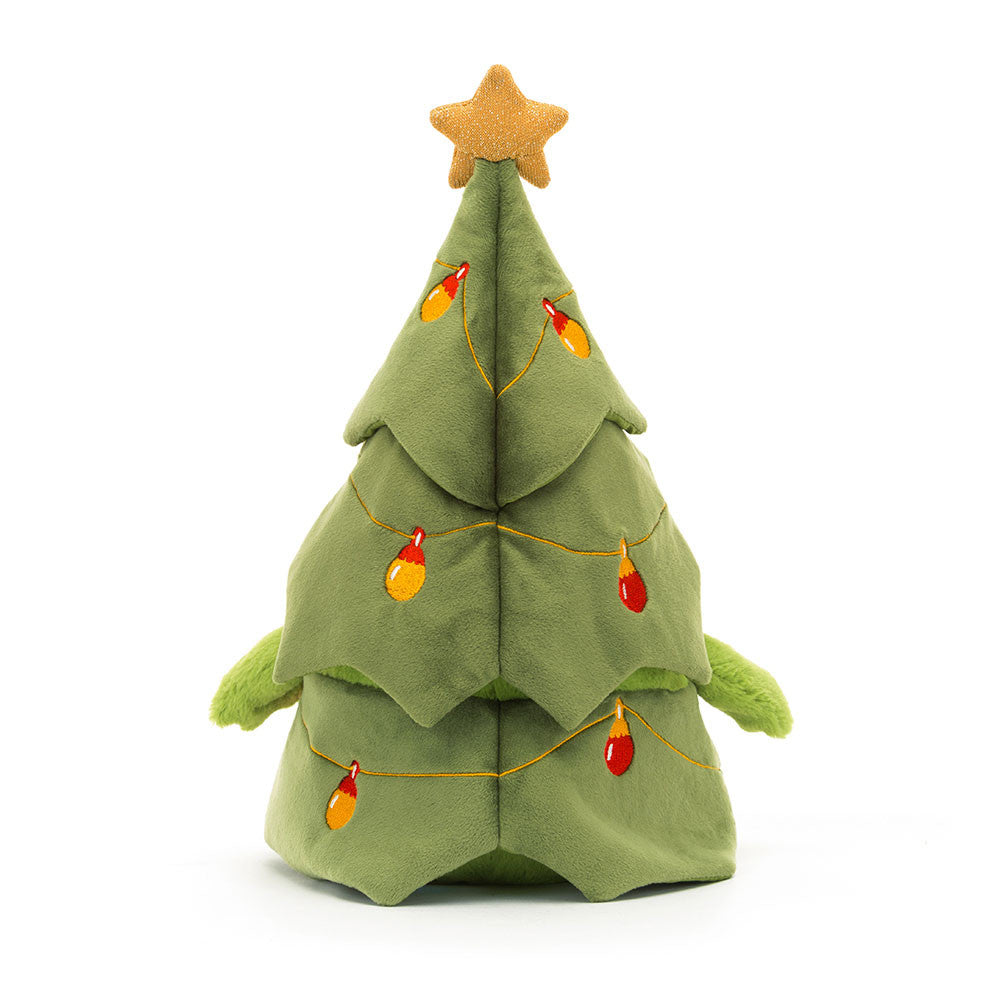 Rear view of Jellycat Christmas Tree Ricky Rain Frog soft toy featuring layered green tree branches decorated with stitched Christmas lights and a gold star.