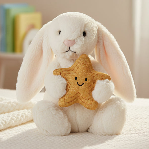 Jellycat cream bunny holding gold sparkly star on white bedding