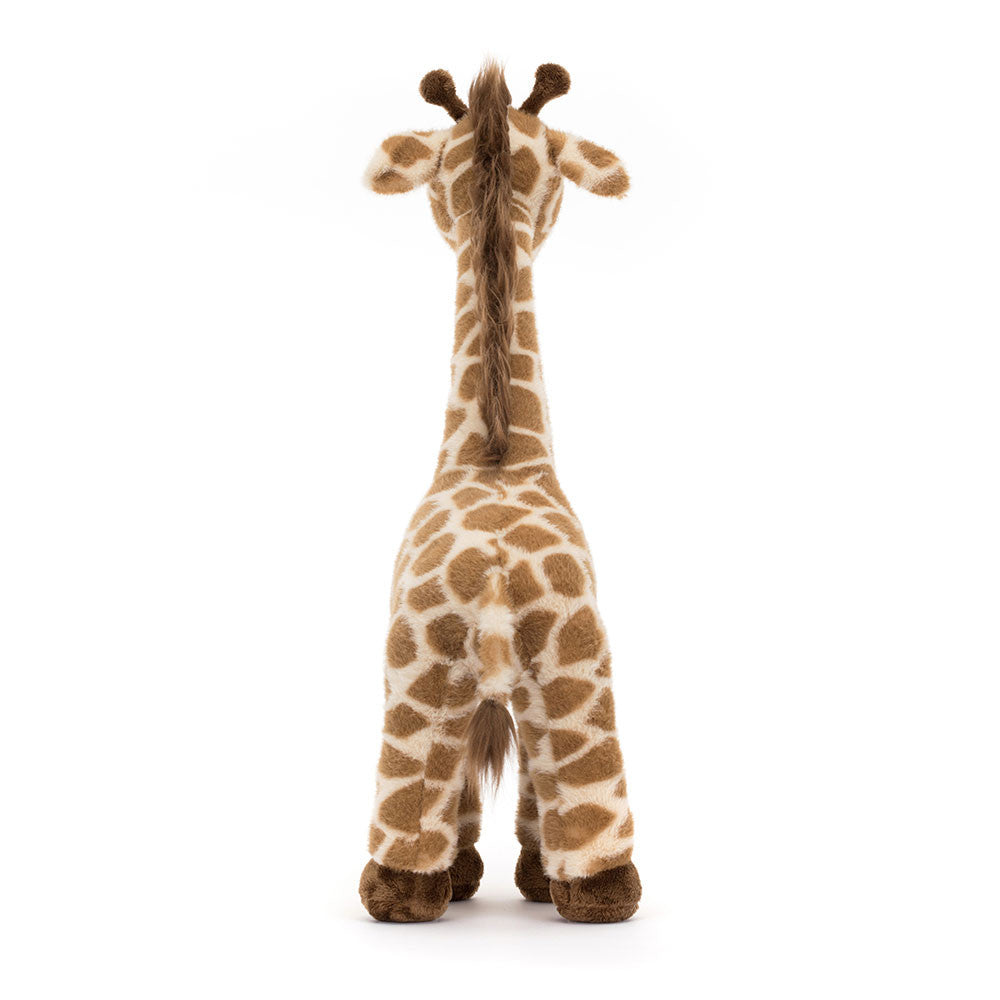 Back view of Jellycat Dara Giraffe highlighting tail and patterned fur.