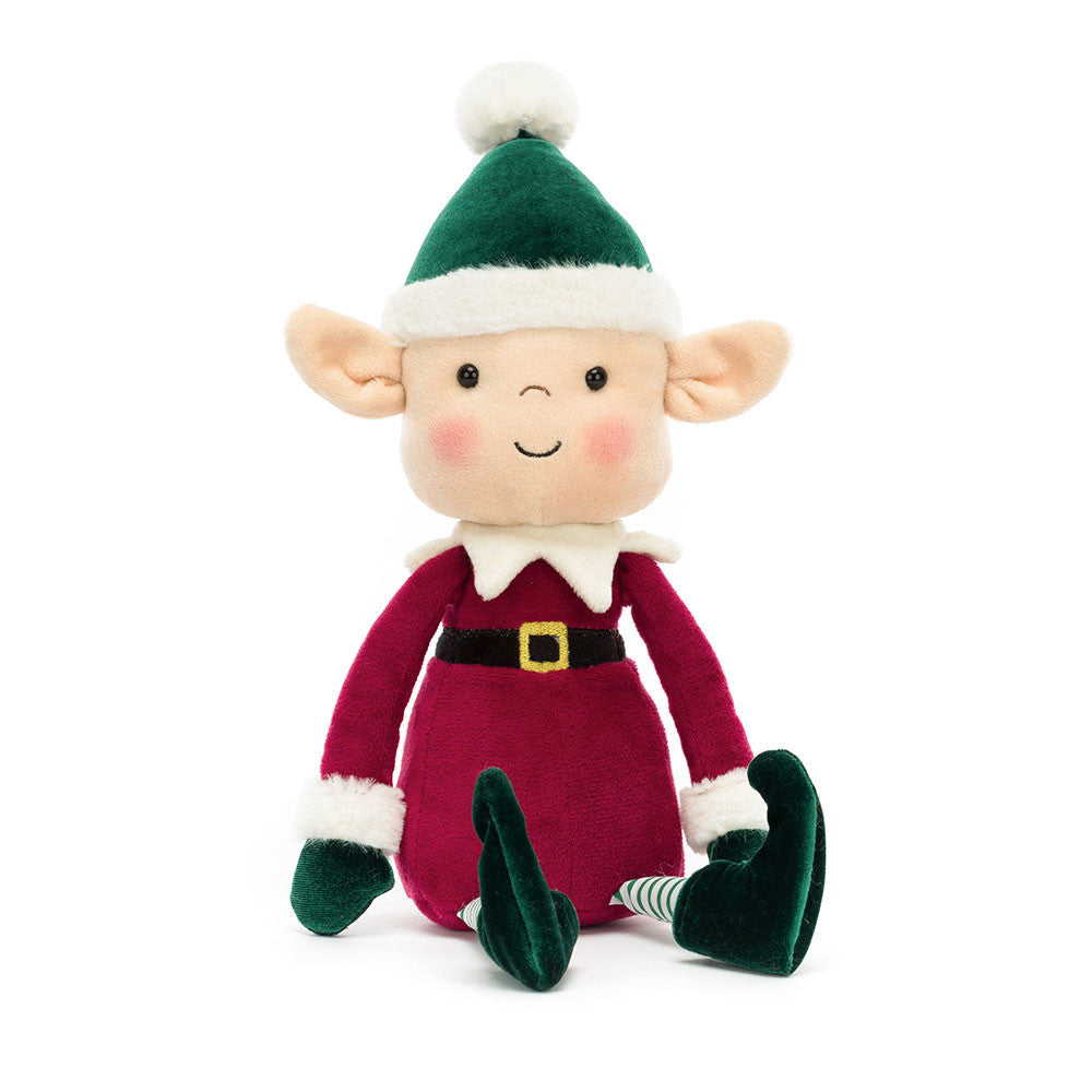 Jellycat Eldo Elf plush toy wearing red suit, green hat and curled velvet boots.