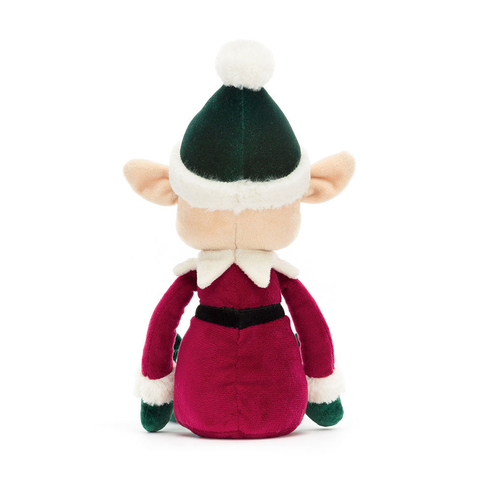 Back view of Eldo Elf showing green hat and red plush outfit.