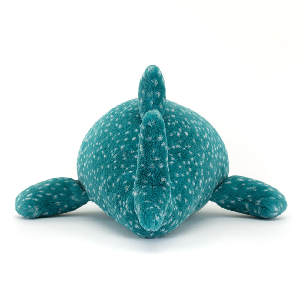 Rear view of Jellycat Gobfrey Whale Shark soft toy – Displaying the back fins and tail design in teal plush with white speckles.
