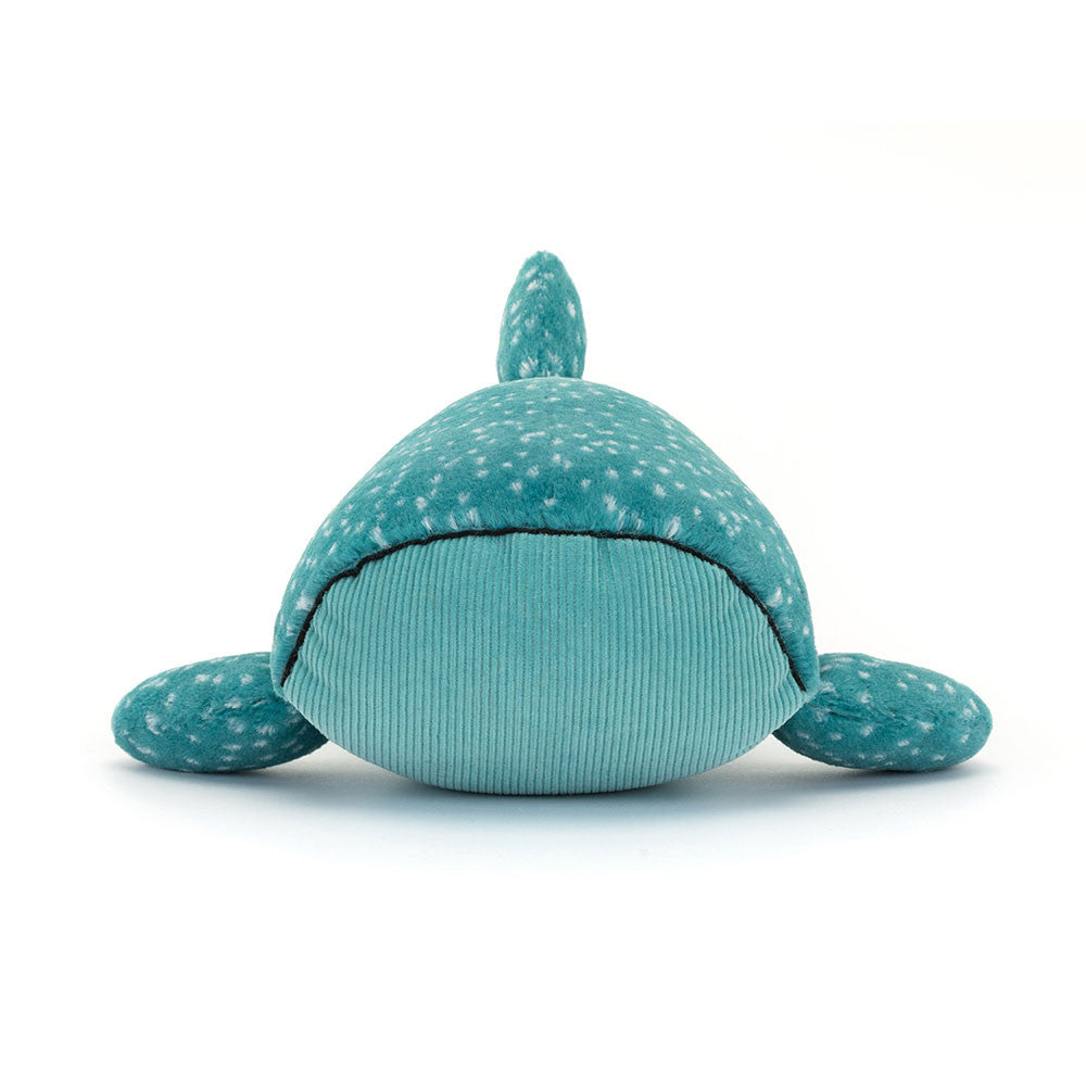Front close-up of Jellycat Gobfrey Whale Shark’s face and belly – Focus on the toy’s rounded snout and ribbed underside, highlighting its soft, textured detail.