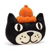 Jellycat Head Giant plush cat with black fur and orange jelly crown, front view.