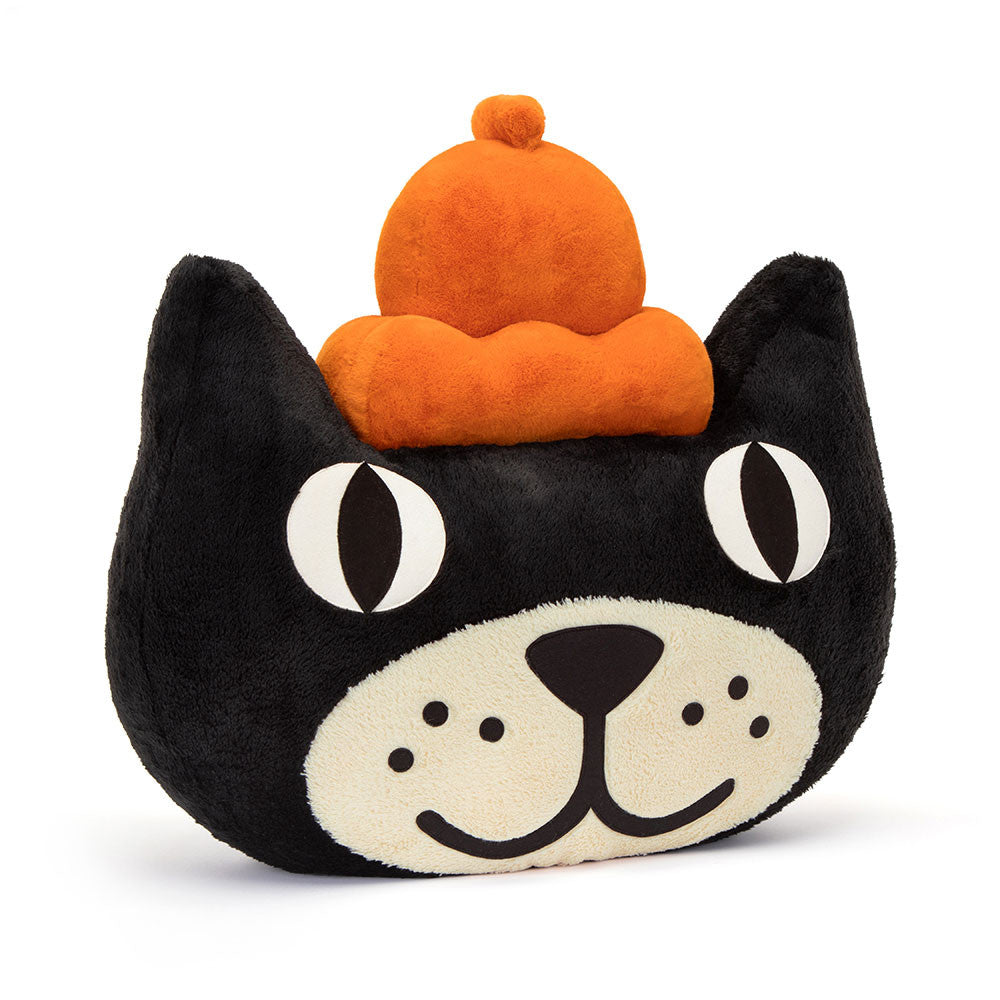 Jellycat Head Giant plush cat with black fur and orange jelly crown, front view.