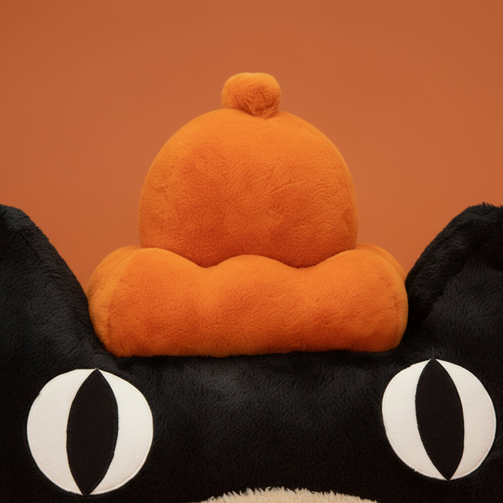 Plush toy shaped like a black cat face with an orange hat on a white background