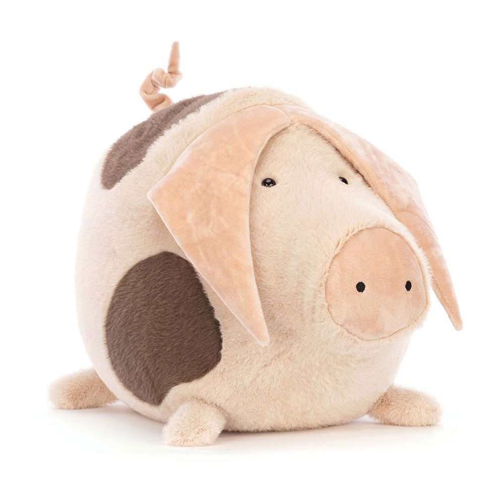 Jellycat Higgledy Piggledy Old Spot Huge plush pig with soft patches and floppy ears, front angle.