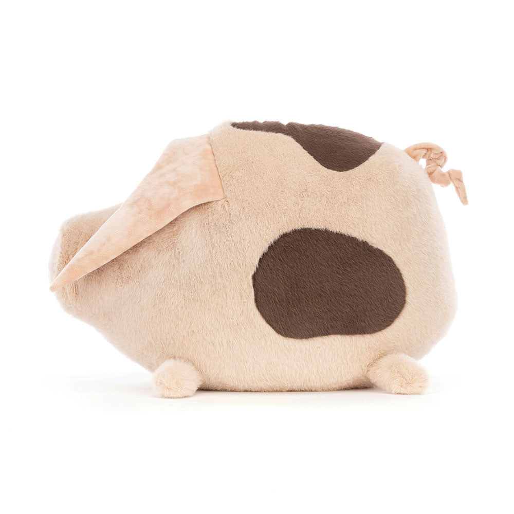 Side view of Higgledy Piggledy Old Spot Huge showing round body and spotty plush pattern.