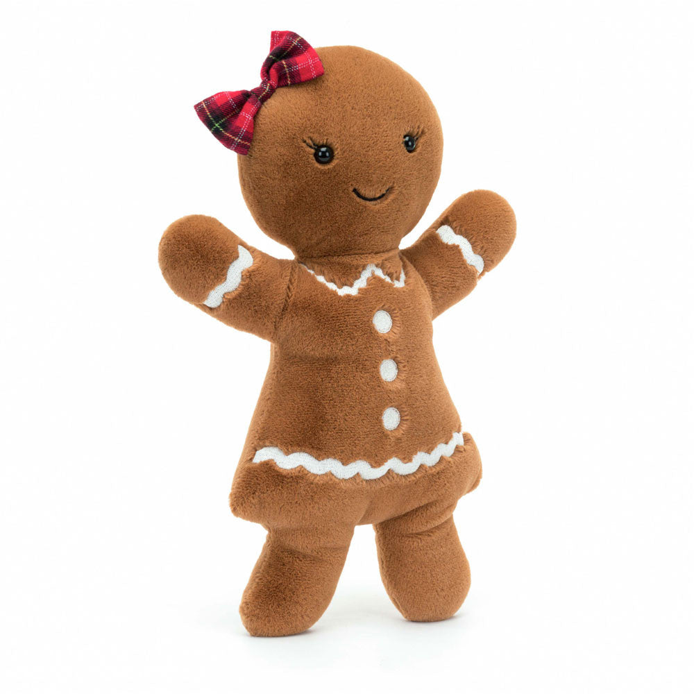 Jellycat Jolly Gingerbread Ruby Original plush toy with tartan bow – front view, brown soft toy with white icing detail.