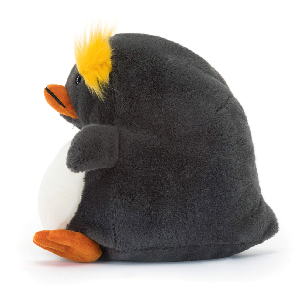 Side profile of Maurice Macaroni Penguin showing soft grey plush and flippers.