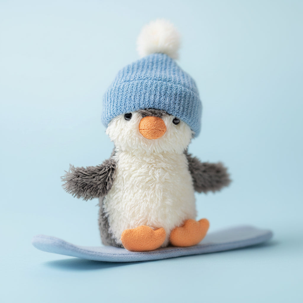 Close-up of Jellycat Peanut Penguin with blue knitted hat and orange beak on snowboard.