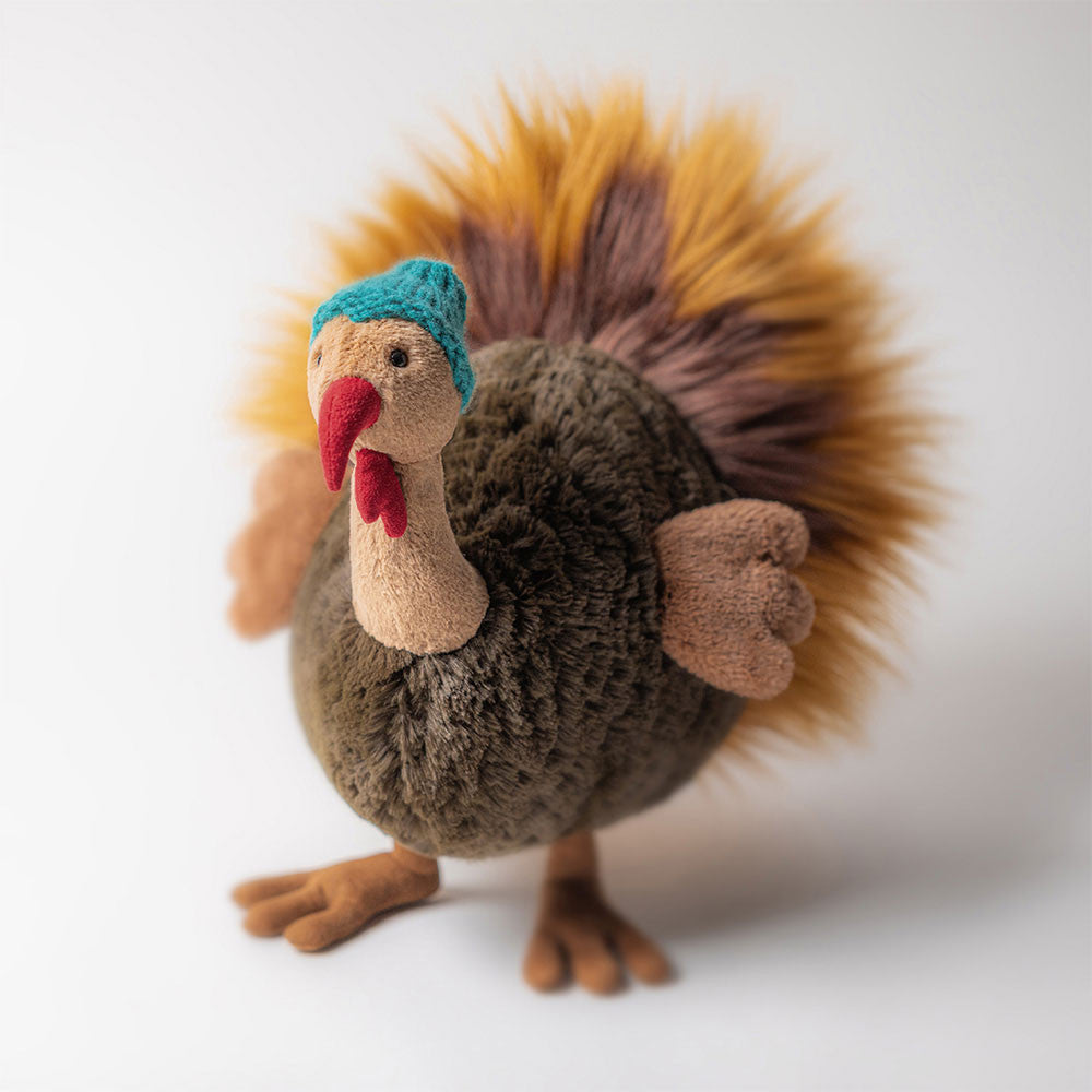 Close-up side view of Theo Turkey showing soft brown body and colourful tail.