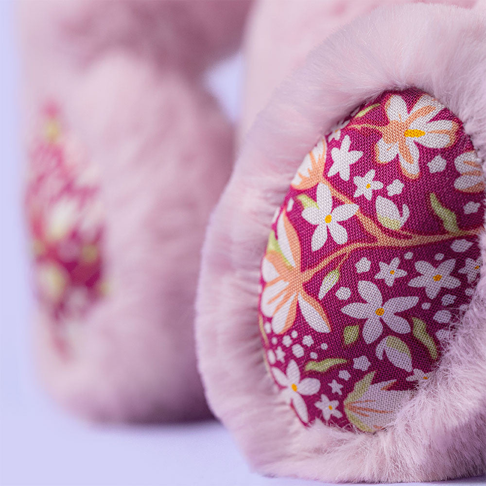 Close-up of Jellycat Blossom Luxe Bunny burgundy floral paw pad fabric