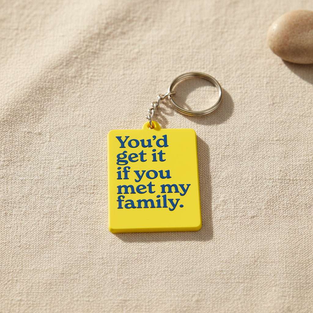 Yellow keychain with blue text on a white background