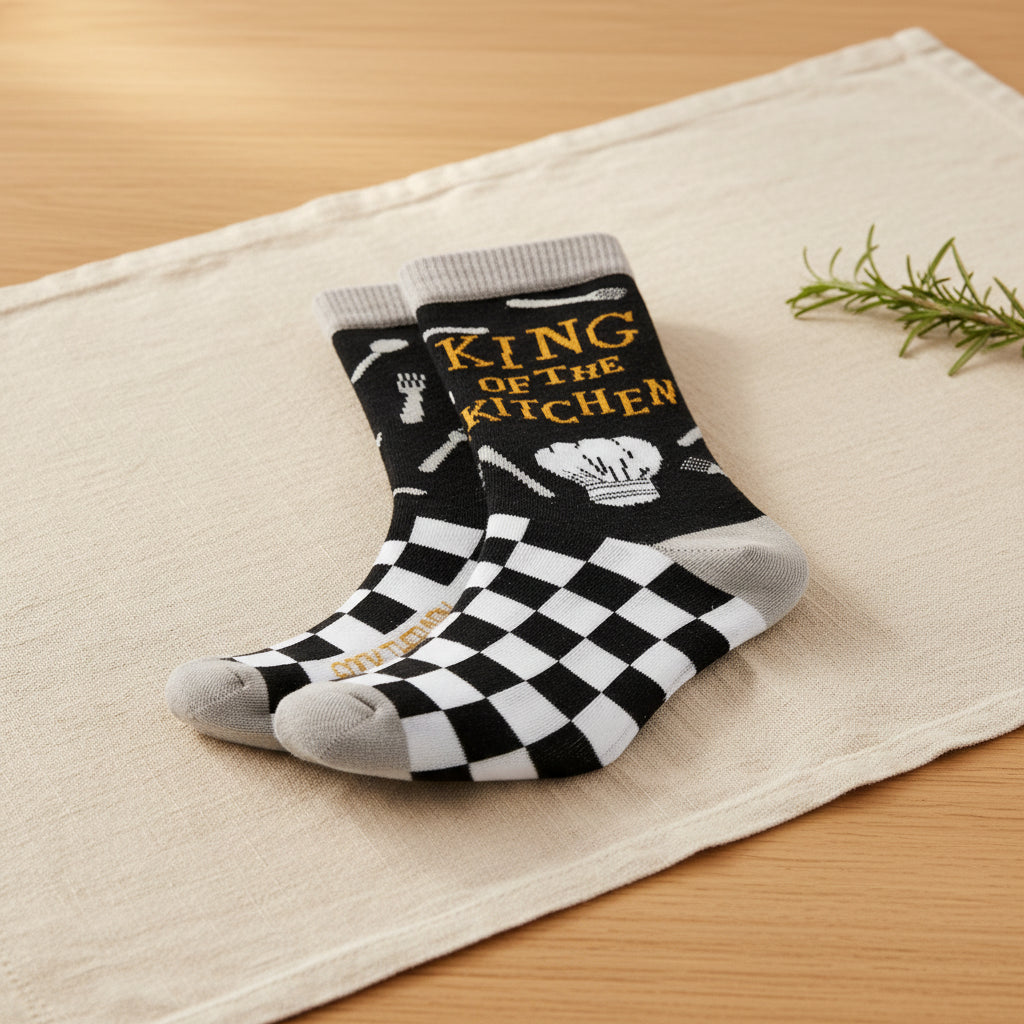 Black socks with 'King of the Kitchen' text and checkered pattern on a white background