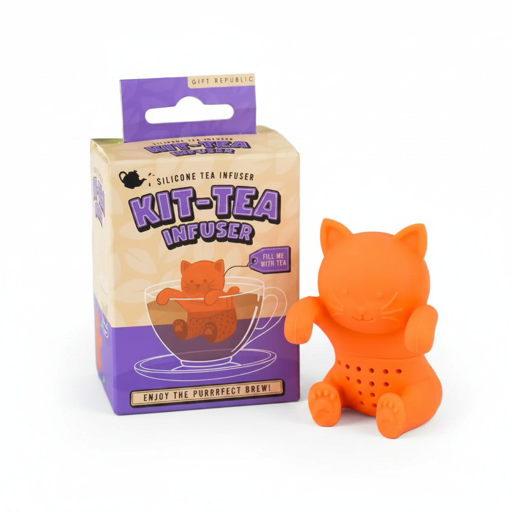 Orange silicone cat-shaped Kit-Tea Infuser with box packaging.