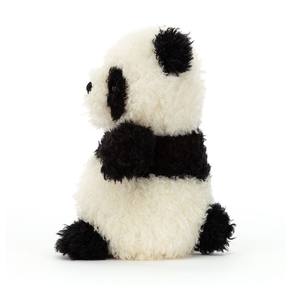 Jellycat Little Panda side view showing fluffy black-and-white fur, white background