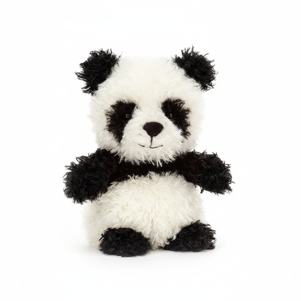 Jellycat Little Panda soft toy sitting upright, front view, white background
