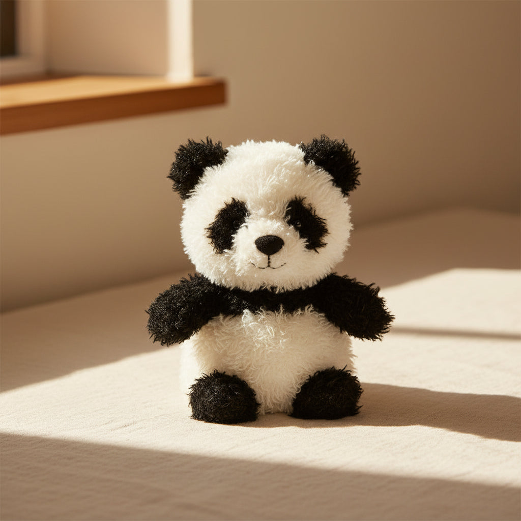 A plush panda toy with black and white fur, sitting upright against a plain white background.