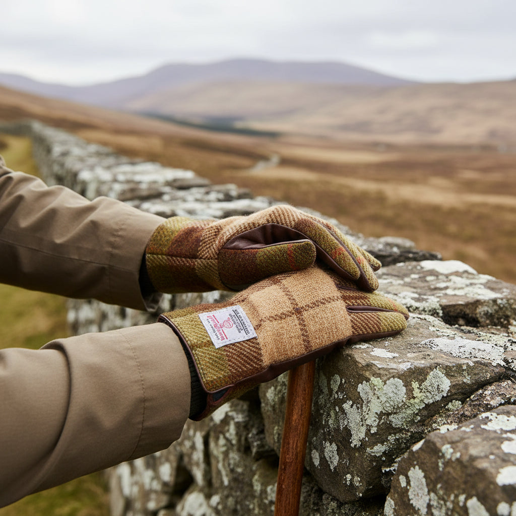 Harris Tweed chestnut tartan gloves worn holding walking stick on stone wall