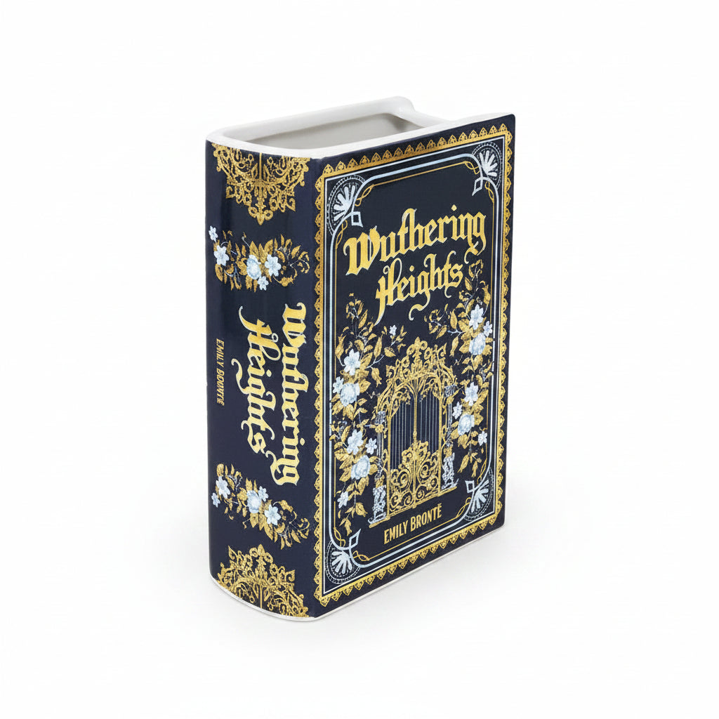Wuthering Heights book vase angled view showing ornate gold border design