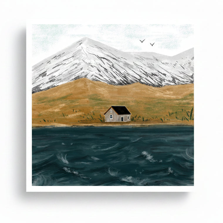 Loch Lomond giclée print featuring a bothy by the water with snowy mountains behind.