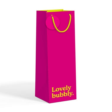 Pink bottle gift bag with yellow text on white background