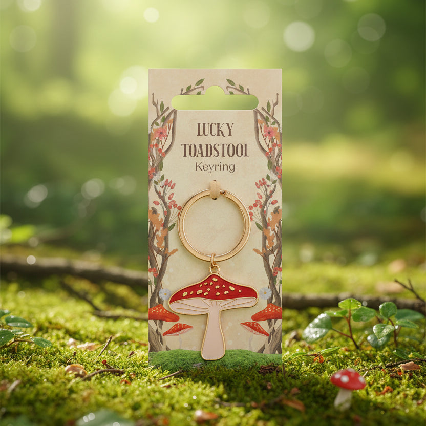 Lucky Toadstool Keyring on illustrated woodland backing card with red mushrooms.