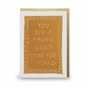 Cream card with a mustard panel and gold lettering reading gold star for you
