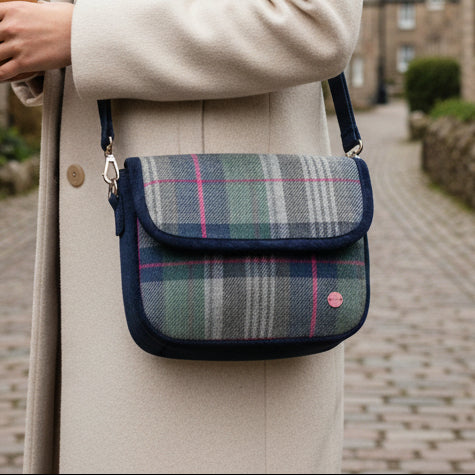 Drem Tweed Mila Crossbody Bag flat lay showing navy plaid pattern