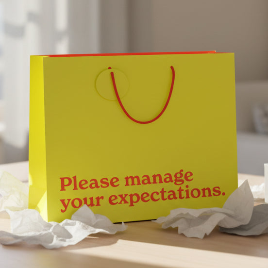 Yellow Manage Your Expectations gift bag with red rope handles among tissue paper