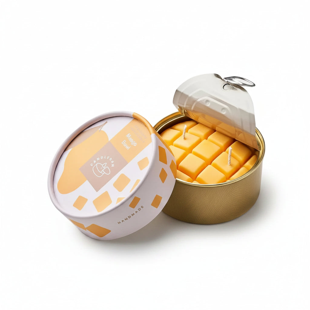 Open mango-scented tin candle with cubed yellow wax and two wicks, designed to look like a real diced mango in a golden food-style can with peel-back lid and colourful packaging.
