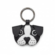 Front view of Max the Dog black leather keyring with puppy face applique and metal ring fitting.