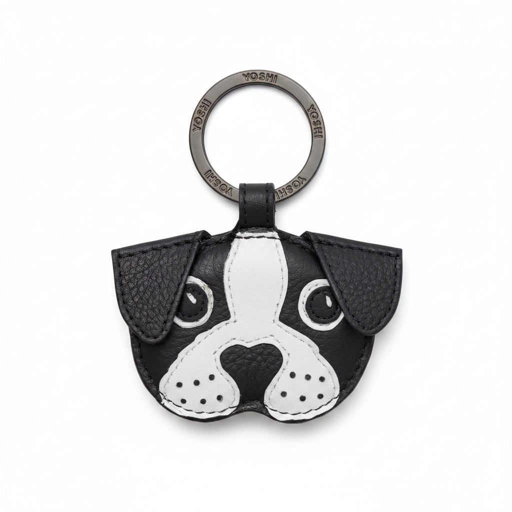 Front view of Max the Dog black leather keyring with puppy face applique and metal ring fitting.