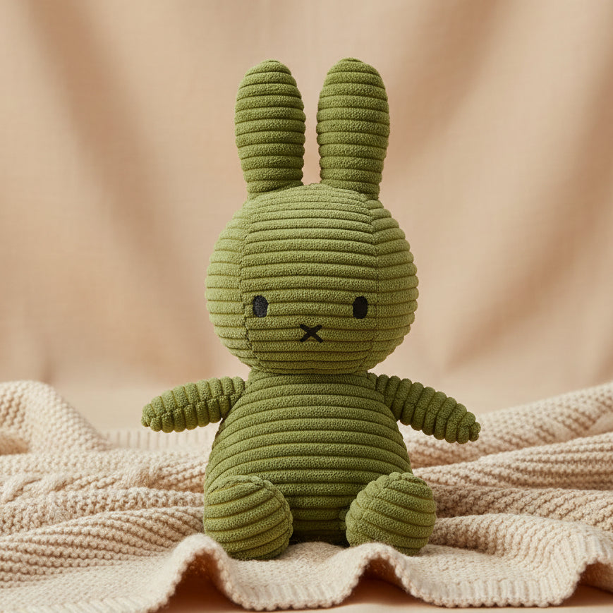 Miffy corduroy olive green plush on cream blanket lifestyle shot