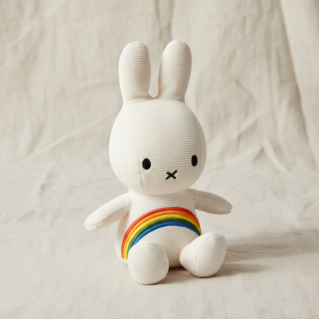 Miffy corduroy rainbow white plush front view showing rainbow stripe
