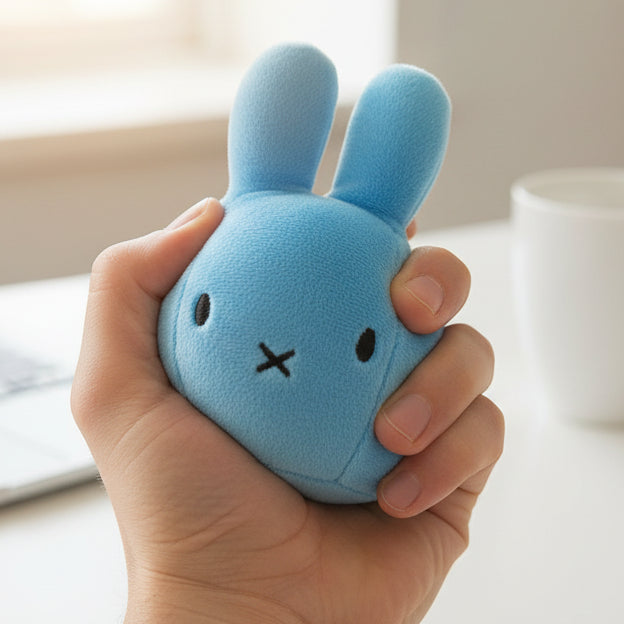 Blue Miffy stress ball squeezed in hand at desk with cup in background
