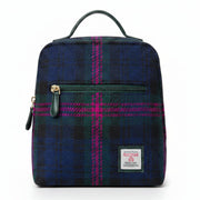Maccessori mini backpack in navy and pink Baird check Harris Tweed, worn lifestyle shot